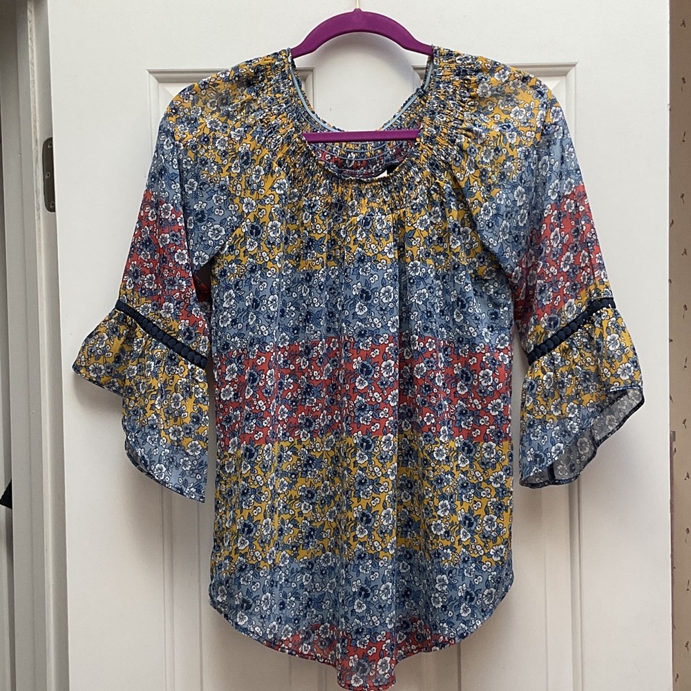 Floral Patchwork Blouse - Blue, Red, Yellow